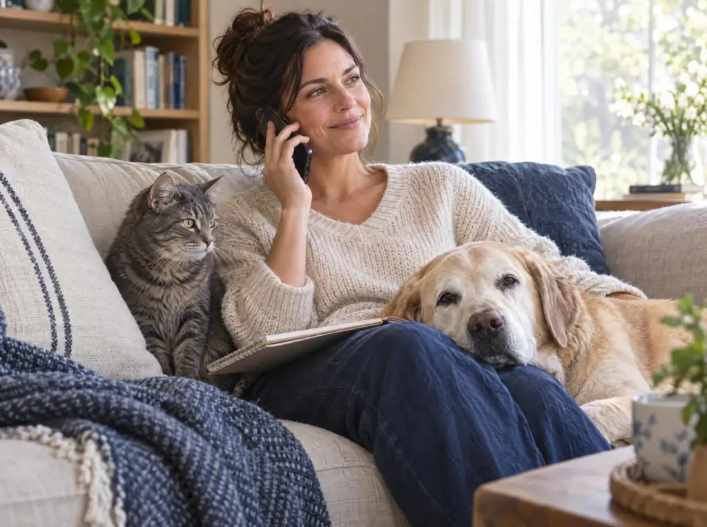Eigenaar belt om een afspraak te maken, met haar hond en kat naast zich