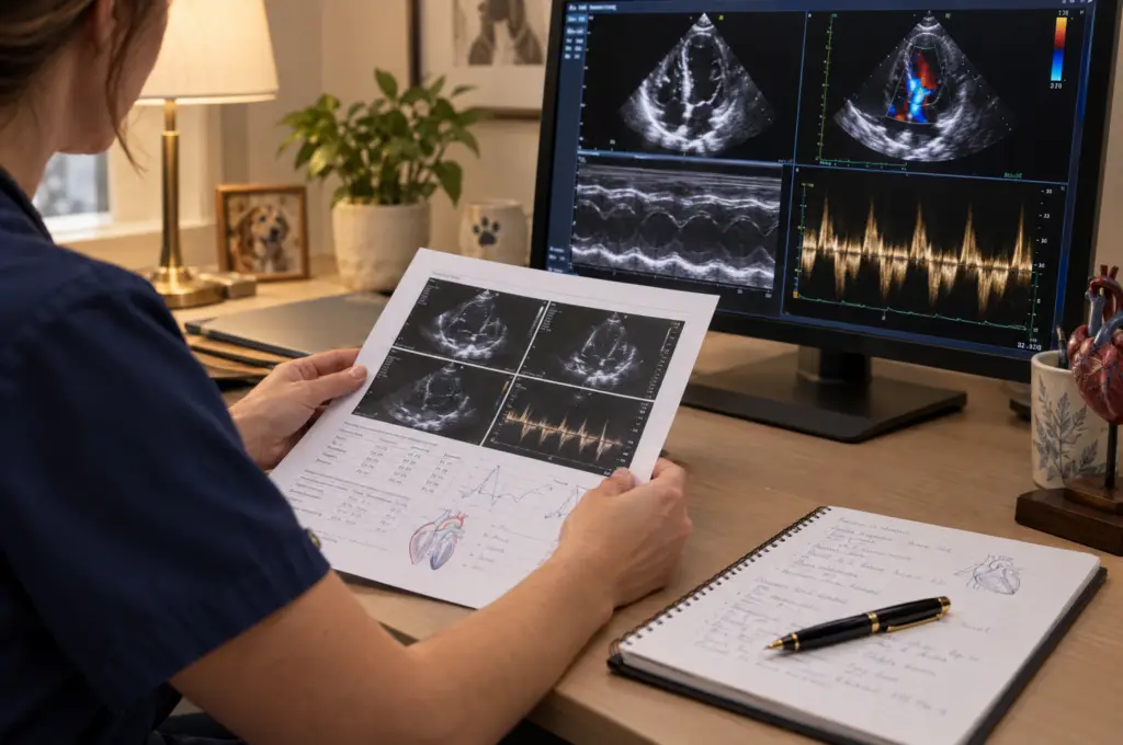 De cardioloog bestudeert eerdere hartechobeelden