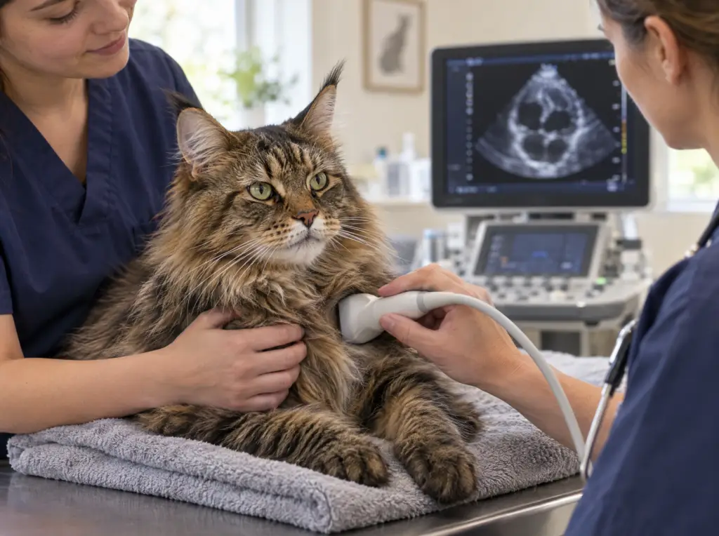 Maine Coon rust op een handdoek tijdens een hartecho voor HCM-screening