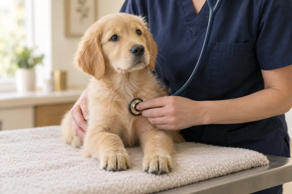 Een pup wordt beluisterd met de stethoscoop