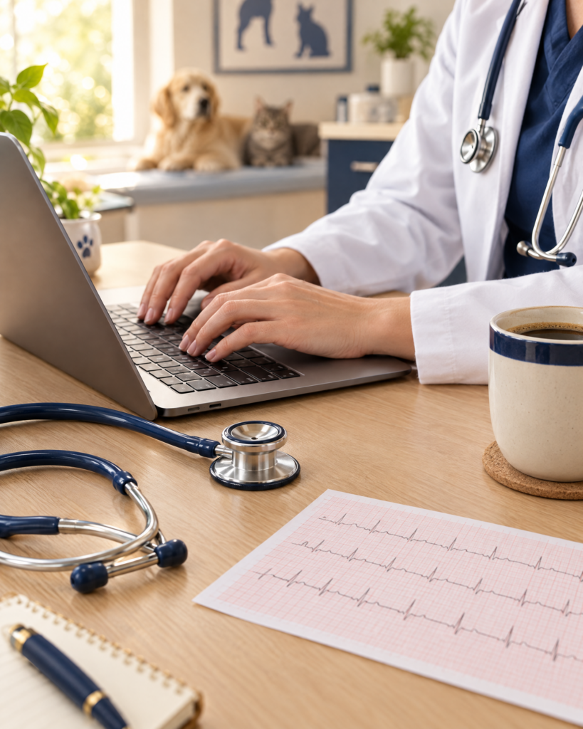 Laptop, stethoscoop en ECG-strook op het bureau van een dierenarts
