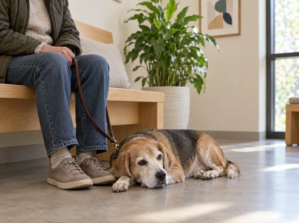 Een beagle wacht rustig naast zijn eigenaar in een lichte wachtruimte