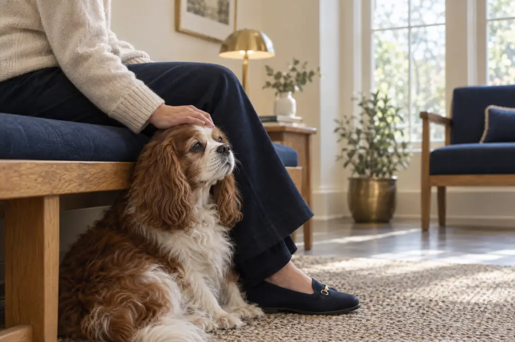 Eigenaar met haar oudere Cavalier in de wachtruimte